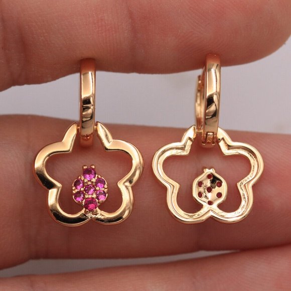 18K Yellow Gold Filled Hollow Flower Rose Pink Diamond Zircon Dangle Earrings - Picture 2 of 2